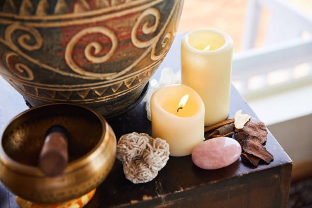 istock Spiritual healing items sitting together on a yoga studio table 1185862997