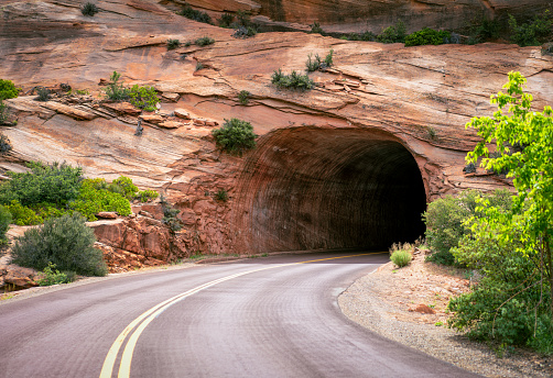 A road in Zion National Park in Utah, leading into a small tunnel, carved out of the rock.