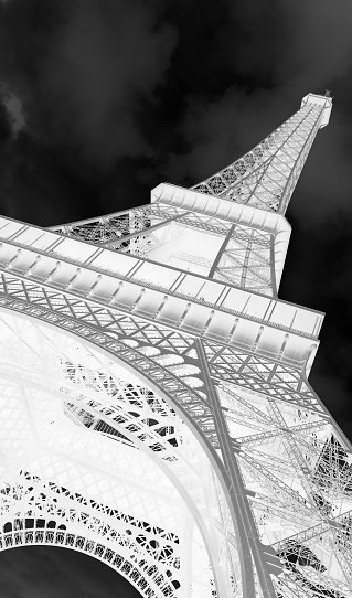 Bottom View of High Eiffel Tower in Paris France with negative effect