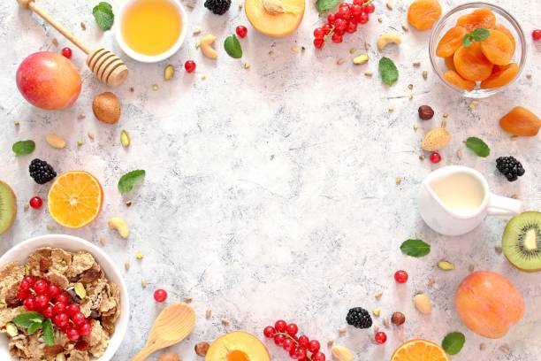 istock Healthy breakfast ingredients on light background. 1185864277
