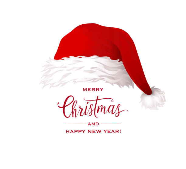 weihnachtskarte mit weihnachtsmann hut, vektor-illustration isoliert auf weißem hintergrund - 1 advent stock-grafiken, -clipart, -cartoons und -symbole