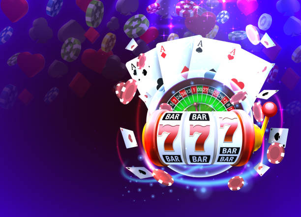 illustrazioni stock, clip art, cartoni animati e icone di tendenza di copertura 3d del casinò, slot machine e roulette con carte, scene di sfondo art. - cards poker gambling chip dice