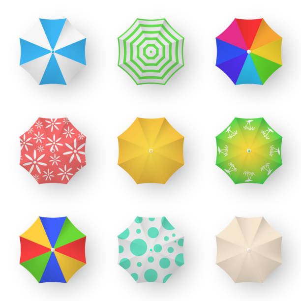 ilustraciones, imágenes clip art, dibujos animados e iconos de stock de conjunto de ilustraciones de color vectoriales 3d paraguas brillantes - colors color image rainbow umbrella