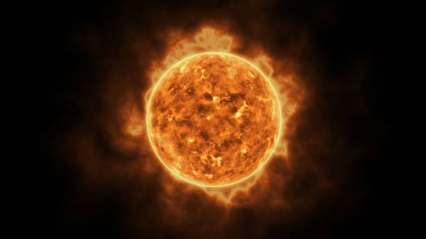 superficie stella solare con brillamenti solari, combustione del rendering 3d dell'animazione solare - sun flare foto e immagini stock