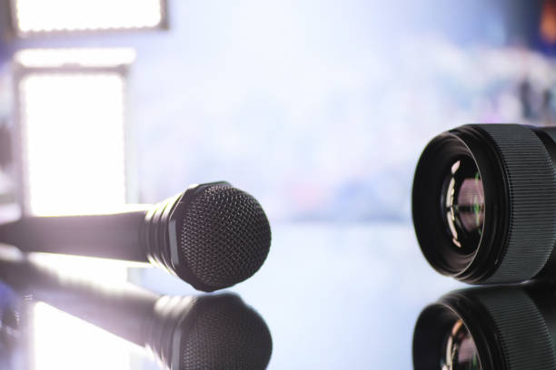 istock The microphone on the stage in front of the hall. Performance on stage. 1185869151
