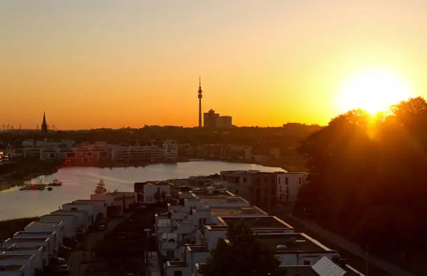 Dortmund, July 5, 2018: Panoramic view of Dortmund during sunset over Lake Phoenix, seen from the Kaiserberg in the district Dortmund-Hörde