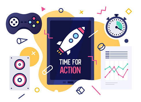 Vector illustration design template with smart device and time for action text on its screen. Colorful web banner design with trendy decorations for corporate marketing or various vector illustrations.