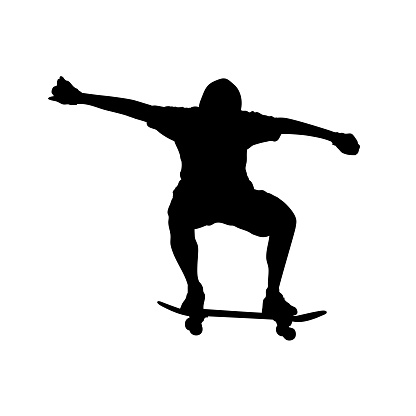 Silhouette of skater jumping ollie trick on skateboard and isolated. Black and white vector illustration