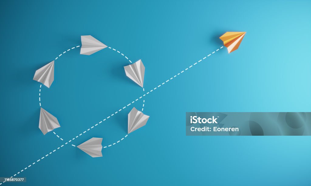 Different Approach - Different Direction Group of paper airplane in same one direction and with one individual pointing in the different way, can be used leadership/individuality/innovation concepts.( 3d render ) Change Stock Photo Different Approach - Different Direction Group of paper airplane in same one direction and with one individual pointing in the different way, can be used leadership/individuality/innovation concepts.( 3d render ) Change Stock Photo