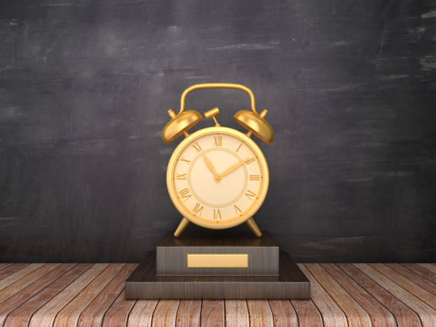 istock Trophy with Clock on Wood Floor - Chalkboard Background - 3D Rendering 1185871260