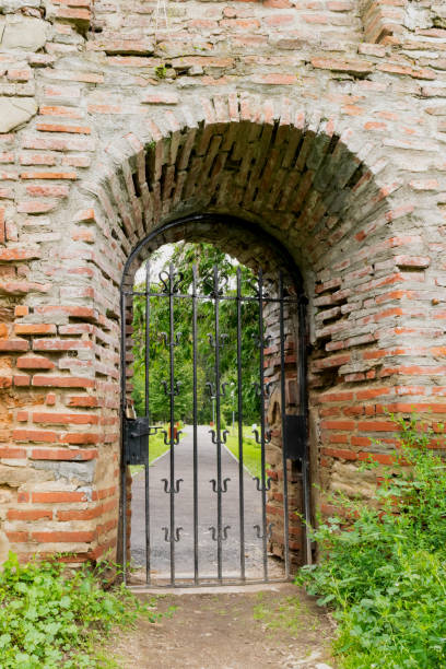 istock closed and locked metal iron gate in old brick wall 1185875713