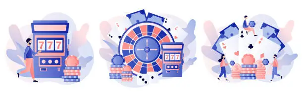 Vector illustration of Casino and Gambling Concept. Tiny people gaming gambling games. People play Poker, Roulette, Slot Machine. Modern flat cartoon style. Vector illustration