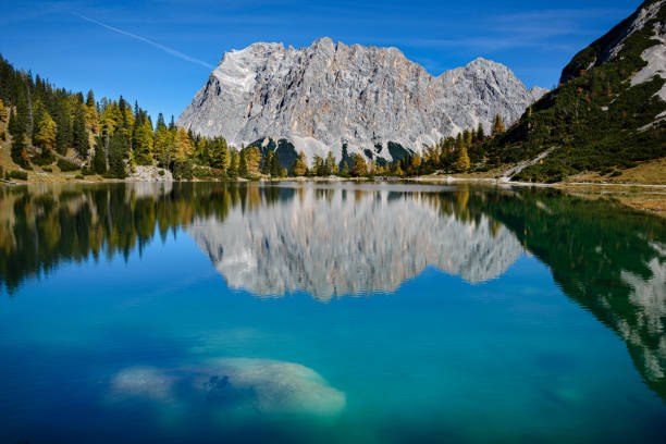 Seebensee - Zugspitze - Reflection in the lake Zugspitze - Reflection in the Sea - Trees - Alps - Austria zugspitze mountain stock pictures, royalty-free photos & images