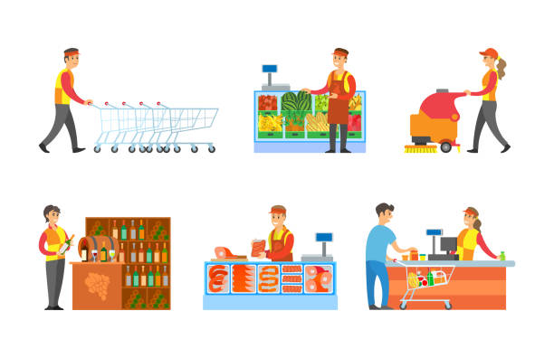 ilustrações de stock, clip art, desenhos animados e ícones de supermarket departments and sellers set vector - supermarket worker