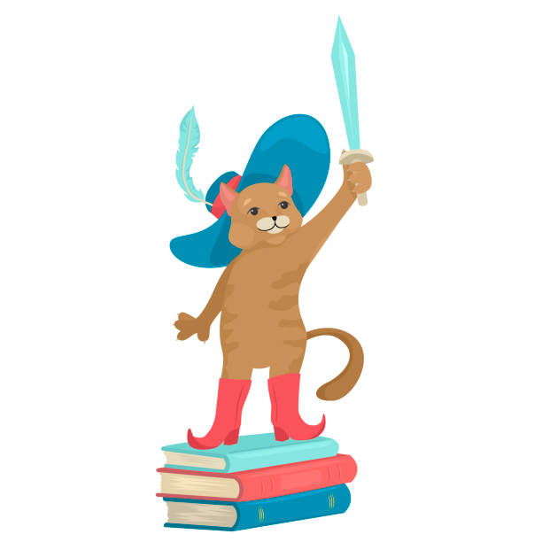 ilustrações de stock, clip art, desenhos animados e ícones de cat in a hat and shoes. stands on the books and holds the sword. fairy-tale character. - comic book animal pets kitten