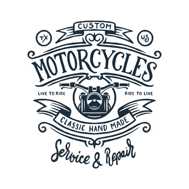 Vintage motorcycle t-shirt graphics. Vector illustration. Vintage motorcycle t-shirt hand drawn graphics. Live to ride quote. Custom motorcycles garage service and repair. Vector illustration. motorcycle designs stock illustrations