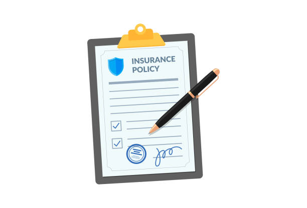 Insurance policy on clipboard with pen isolated on white background. Company agreement contract document check list on board. Injury risk law legal preparedness vector illustration Insurance policy on clipboard with pen isolated on white background. Company agreement contract document check list with signature on board. Injury risk law legal preparedness vector illustration insurance stock illustrations