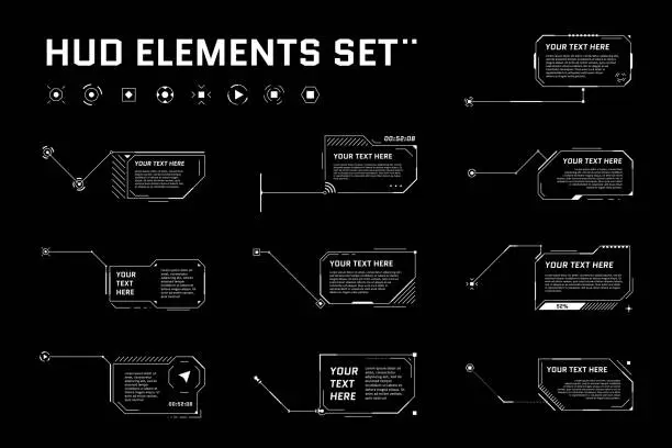 Vector illustration of HUD digital futuristic callout title set. Call out sci fi frame bar labels. Presentation or infographic modern digital info box layout template. Interface HUD UI GUI element. Vector illustration