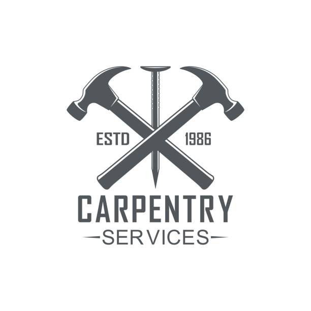 Vector illustration of a hammer, nail and text carpentry services on a white background. Black and white illustration logo of a workshop of carpentry. hammer stock illustrations
