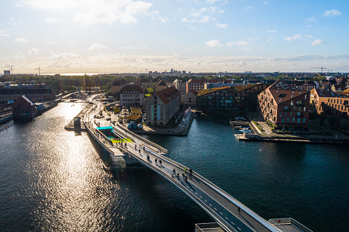 Copenhagen, Denmark. New Harbour canal and entertainment famous street. Aerial shoot view