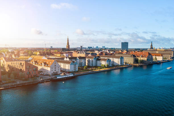 Copenhagen, Denmark. New Harbour canal and entertainment famous street. Aerial shoot view Copenhagen, Denmark, Europe, Northern Europe, Nyhavn nyhavn stock pictures, royalty-free photos & images