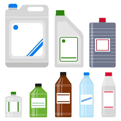 Set of plastic bottles, solvent, white spirit, acetone, paint thinner, isolated on white background, vector illustration.