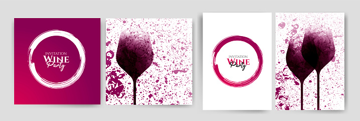 Collection of templates with wine designs. Wine glass illustration. Background texture and stains of red wine.