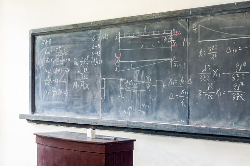 The Classroom platform and blackboard with messy formulas on