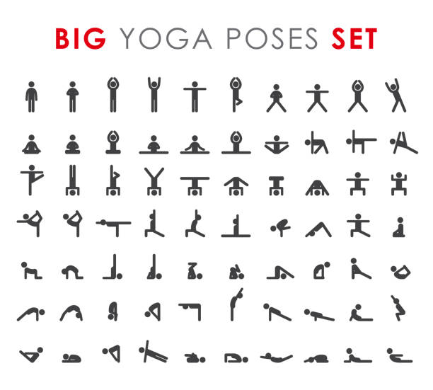 Yoga poses asanas icons set. Vector illustrations. For logo yoga branding. Yoga people infographics. Stick figures. Pilates stretch gymnastics fitness Yoga poses asanas icons set. Vector illustrations. For logo yoga branding. Yoga people infographics. Stick figures. Pilates stretch gymnastics fitness poses gymnastics stretches stock illustrations