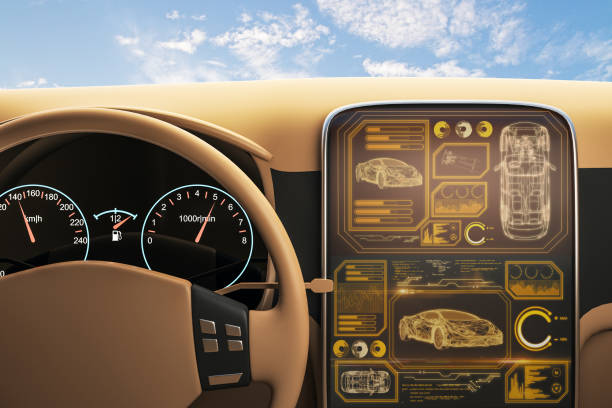 istock View from car with digital screen of on-board computer at blue sky with clouds background. 1185889660