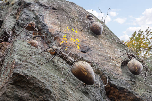 Kotka, Finland - November 02, 2019: Figures of ants made of wood and metal on a steep rock in one of the city parks of Kotka.