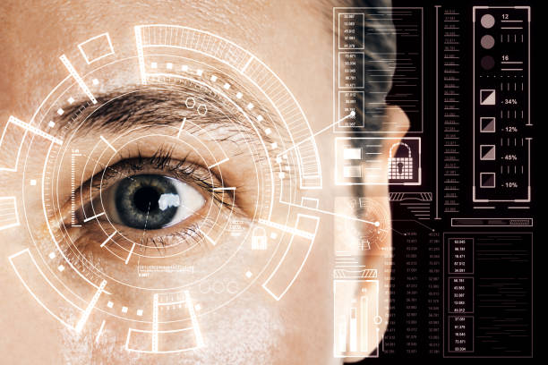 istock Biometrics and scanning concept with man eye and digital cyberspace screen. 1185891559