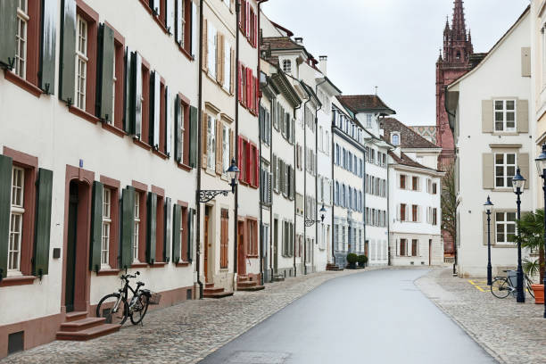 Cozy street in Basel Traditional narrow street in Basel, cozy old downtown. basel switzerland photos stock pictures, royalty-free photos & images