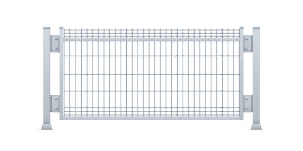Realistic vector galvanized sheet metal fence panel. Rectangular  steel mesh V type. Realistic vector galvanized sheet metal fence panel. Rectangular  steel mesh V type.  Isolated on white background. grill rods stock illustrations