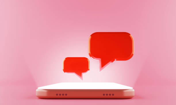 istock 3d rendering Chat speech bubble display floating on the shining screen Smartphone. 1185894914