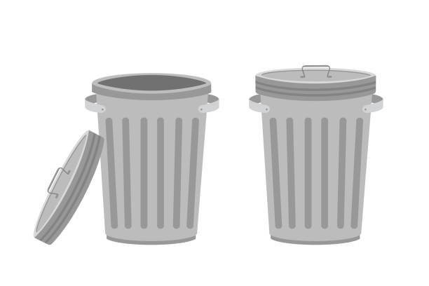 Metal trash can. Garbage cans with open and closed cover. Isolated on white vector art illustration