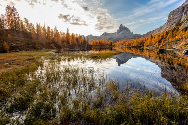 istock Alpine Lake Panorama, Dolomites Mountains In Autumn 1185897194