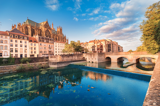 Cityscape scenic view of Saint Stephen Cathedrla in Metz city at sunrise. Travel landmarks and tourist destination in France