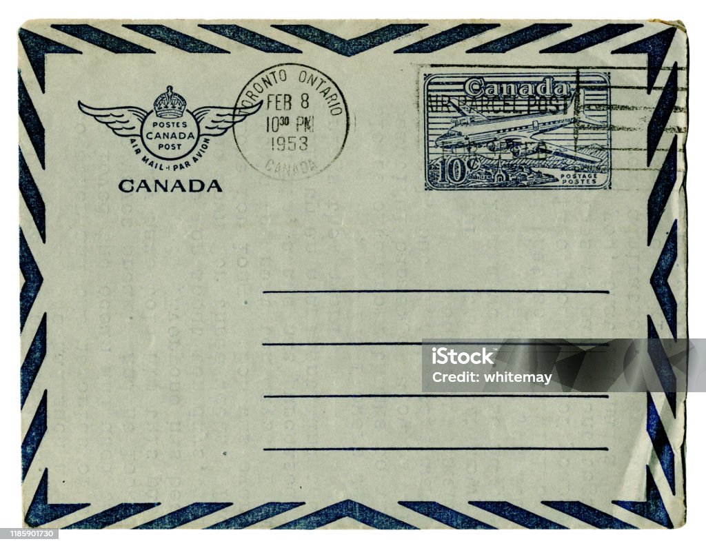 Air letter from Canada, 1953 The front of an air letter sent from Toronto, Canada, in 1953. (Name and address removed.) Postcard Stock Photo