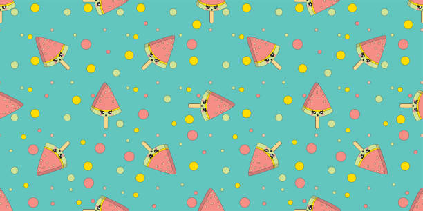 ilustraciones, imágenes clip art, dibujos animados e iconos de stock de dibujos animados lindo colorido vector doodles helado patrón sin costuras. fondo de helado de melón de agua - amaia