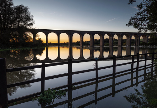 An image of the flooded Harringworth viaduct after heavy rain shot at Harringworth, Northamptonshire, England, UK