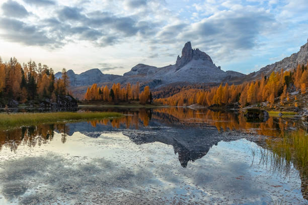 istock Alpine Lake Panorama, Dolomites Mountains In Autumn 1185902387