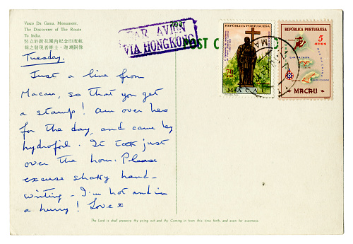 An old handwritten postcard sent from Macau, via Hong Kong, in 1969. (Identifying details removed.)