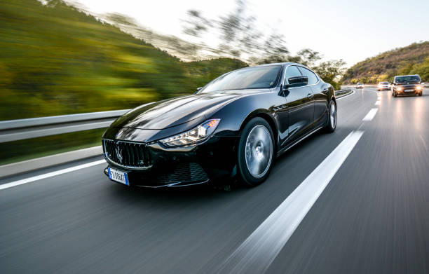 Maserati Ghibli is new model. Speed is about 120km/h  Shoot in motion from another car, on highway in Serbia, Belgrade. \nOctober 16, 2019