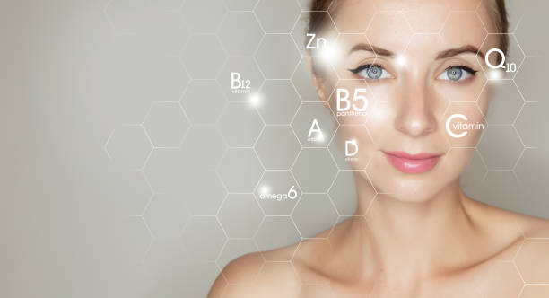 женский портрет лица с графическими иконками витаминов и минералов для лечения кожи - beauty and health стоковые фото и изображения