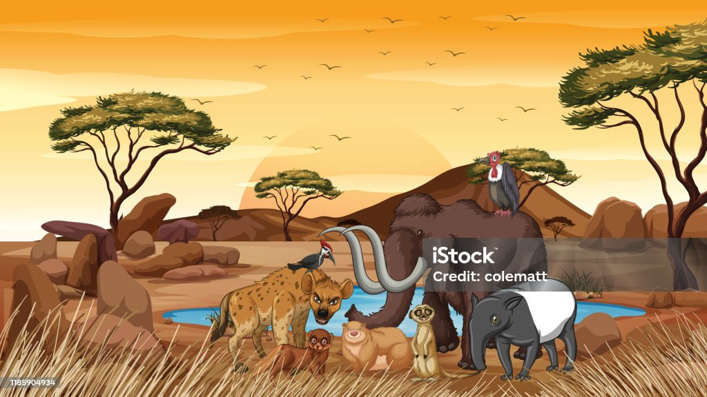Scene With Many Animals In Savanna Stock Illustration - Download Image Now  - Africa, Ancient, Animal - iStock