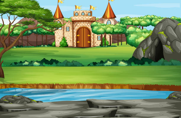 ilustraciones, imágenes clip art, dibujos animados e iconos de stock de escena con torres de castillo en el bosque - castle fairy tale palace forest