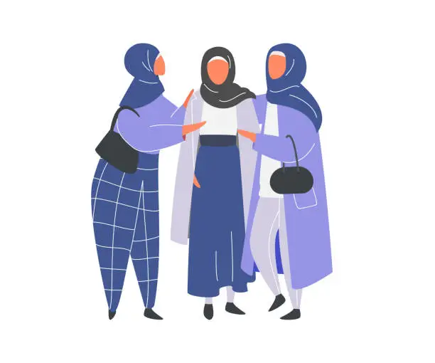 Vector illustration of Muslim Woman in hijab supporting by friends. Flat design vector.