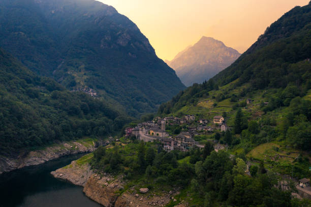 Aerial view of the village of Vogorno in the Verzasca valley in the Swiss alps Aerial view of the village of Vogorno located in the Verzasca valley in the Swiss alps, Switzerland. vogorno stock pictures, royalty-free photos & images