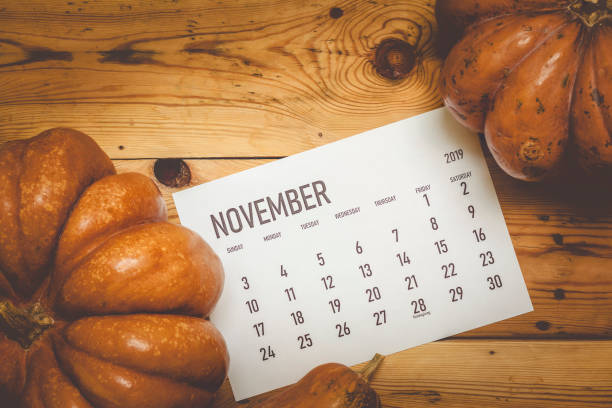 November 2019 monthly calendar View from above to simple November 2019 calendar decorated with pumpkin thanksgiving holiday hours stock pictures, royalty-free photos & images